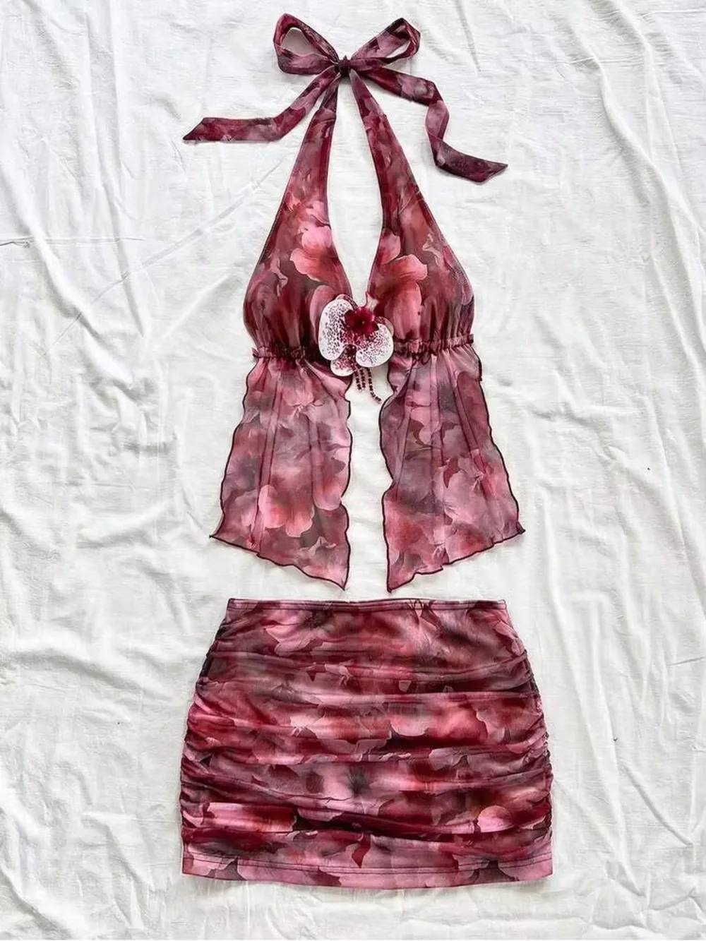 SHEIN Rose Floral Halter Mini Dress Set - Burgundy Pink